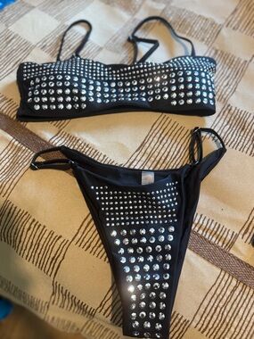 Black Rhinestone Studded Bikini Set